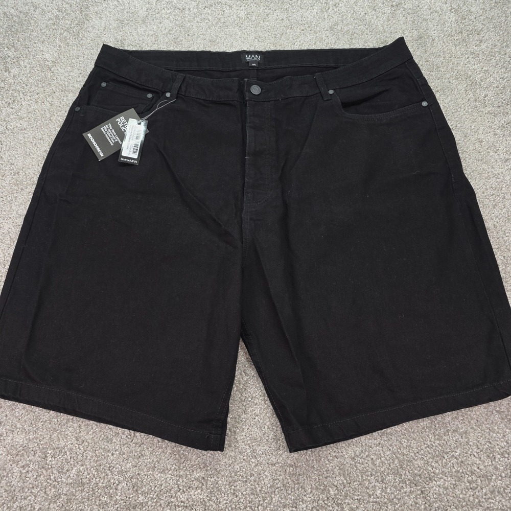 BoohooMAN Mens Black Denim Shorts Size 44 Relaxed Fit Five Pocket New With Tags
